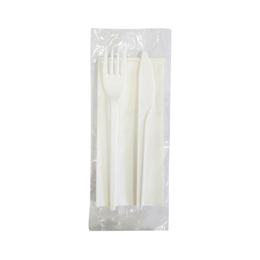 FORK/KNIFE/NAPKIN SET PLA WHITE 100PCS (SDG)
